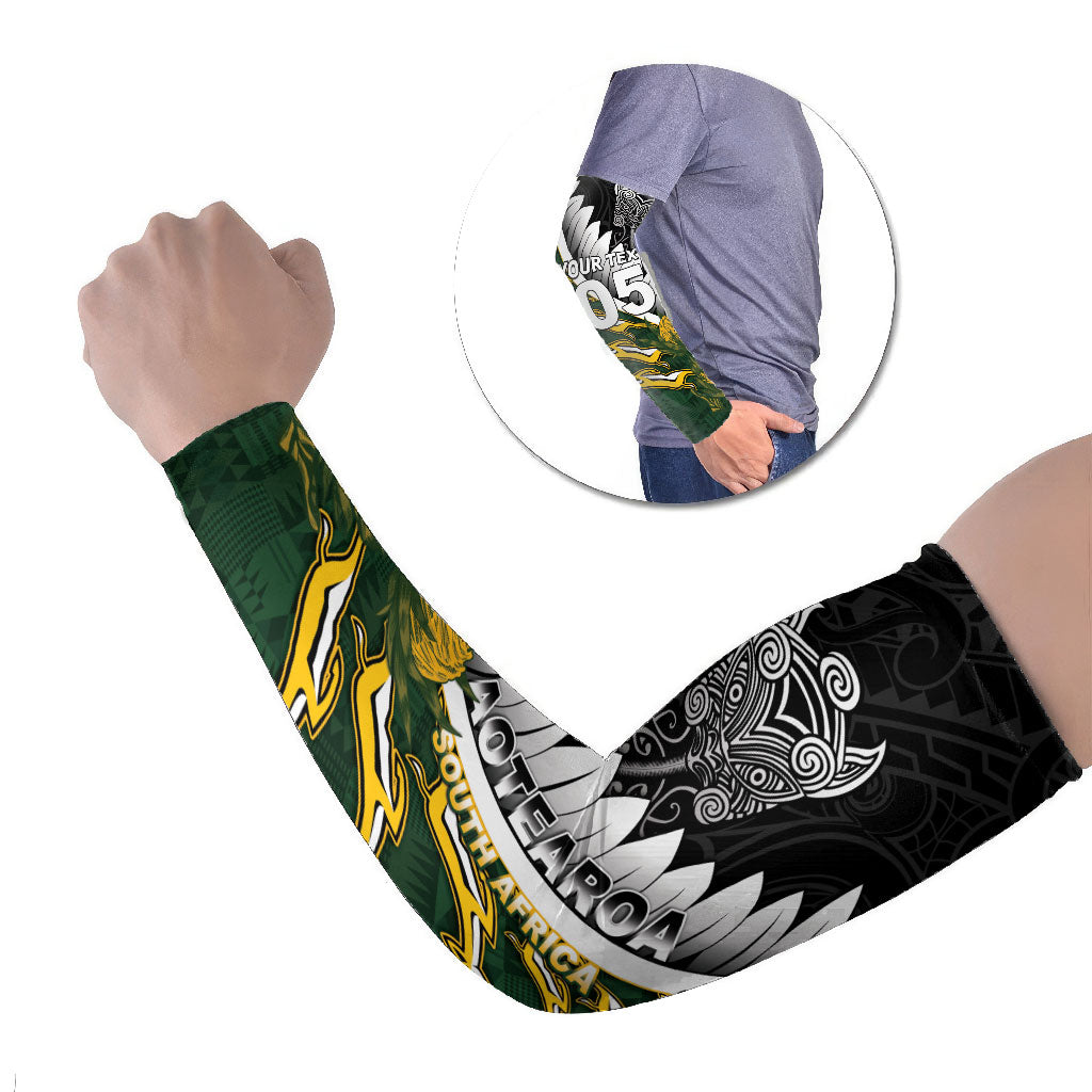 Custom Rugby New Zealand And South Africa Arm Sleeves Silver Fern With Springboks LT05 Set of 2 Black - Polynesian Pride