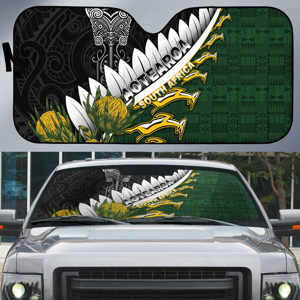 Rugby New Zealand And South Africa Auto Sun Shade Silver Fern With Springboks LT05 Black - Polynesian Pride