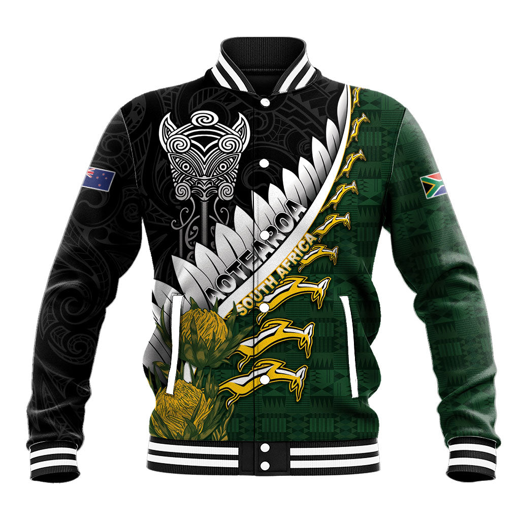 Custom Rugby New Zealand And South Africa Baseball Jacket Silver Fern With Springboks LT05 Unisex Black - Polynesian Pride