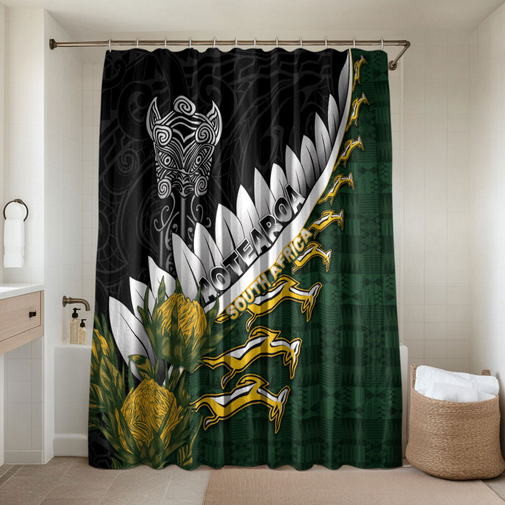 Rugby New Zealand And South Africa Bathroom Set Silver Fern With Springboks LT05 Shower Curtain Only Black - Polynesian Pride