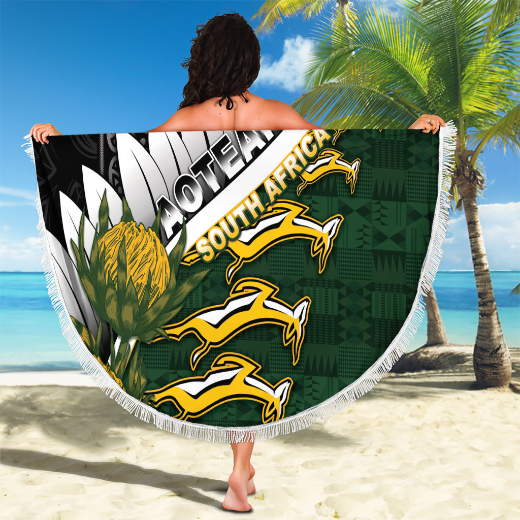 Rugby New Zealand And South Africa Beach Blanket Silver Fern With Springboks LT05 - Polynesian Pride