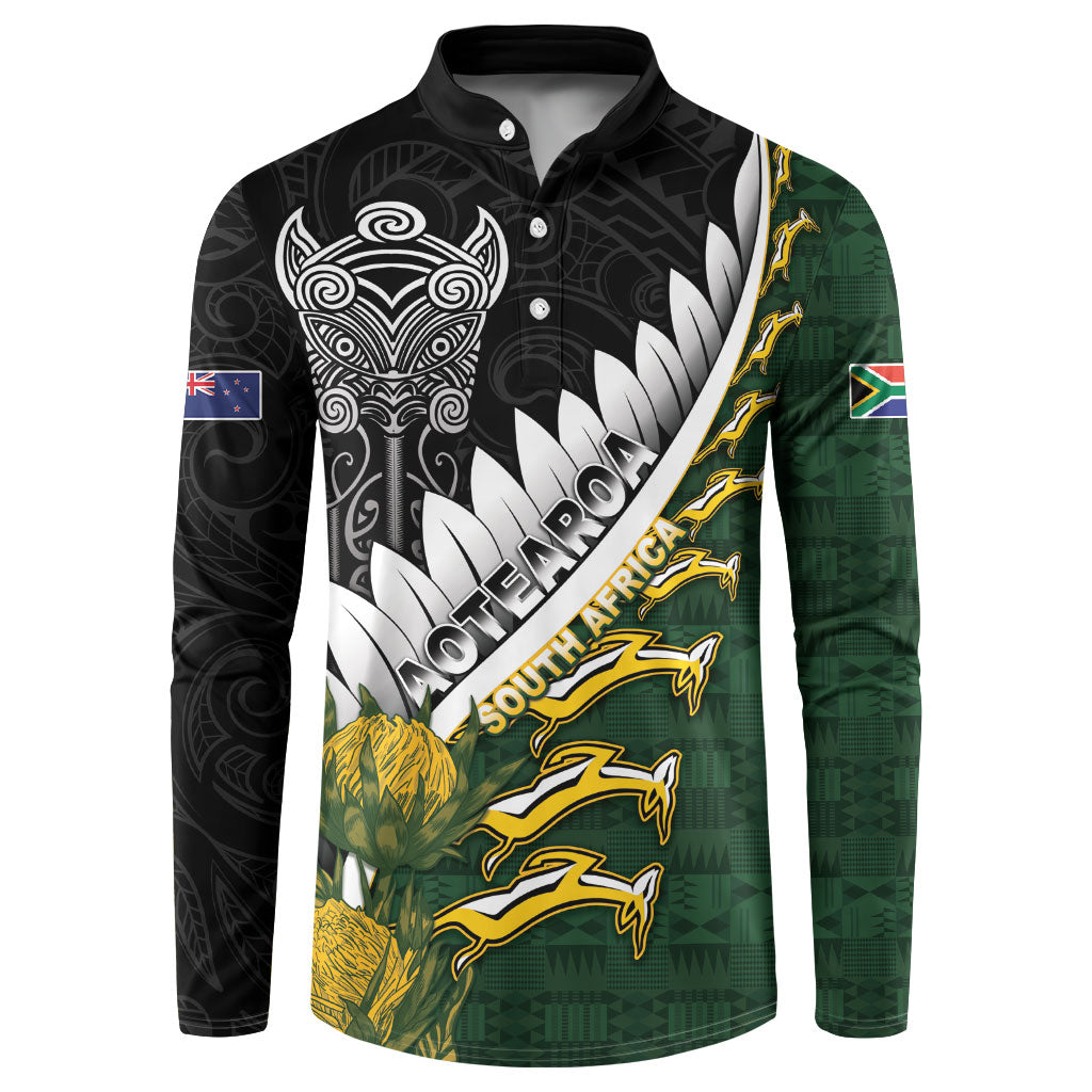 Custom Rugby New Zealand And South Africa Button Sweatshirt Silver Fern With Springboks LT05 Black - Polynesian Pride
