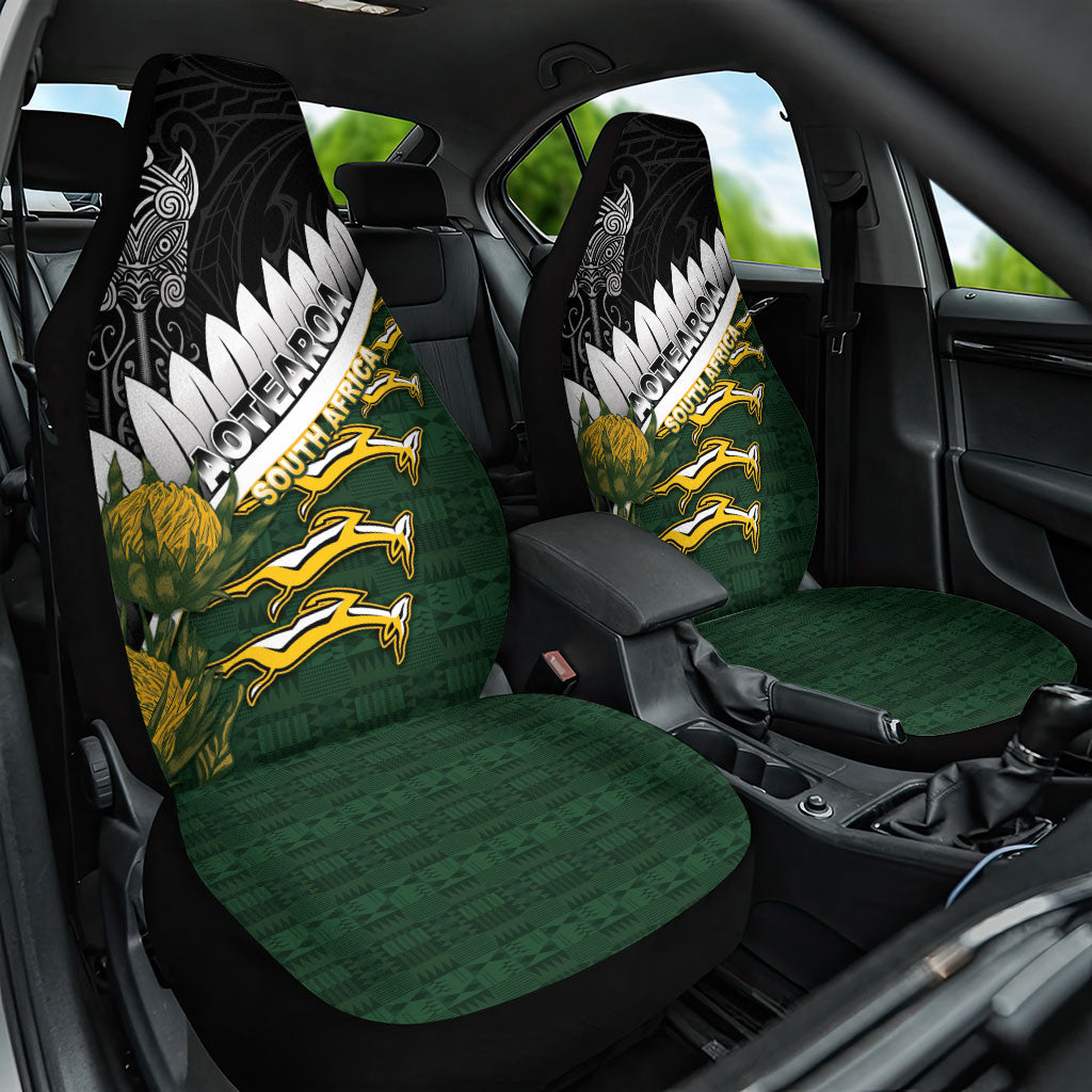 Rugby New Zealand And South Africa Car Seat Cover Silver Fern With Springboks LT05 One Size Black - Polynesian Pride