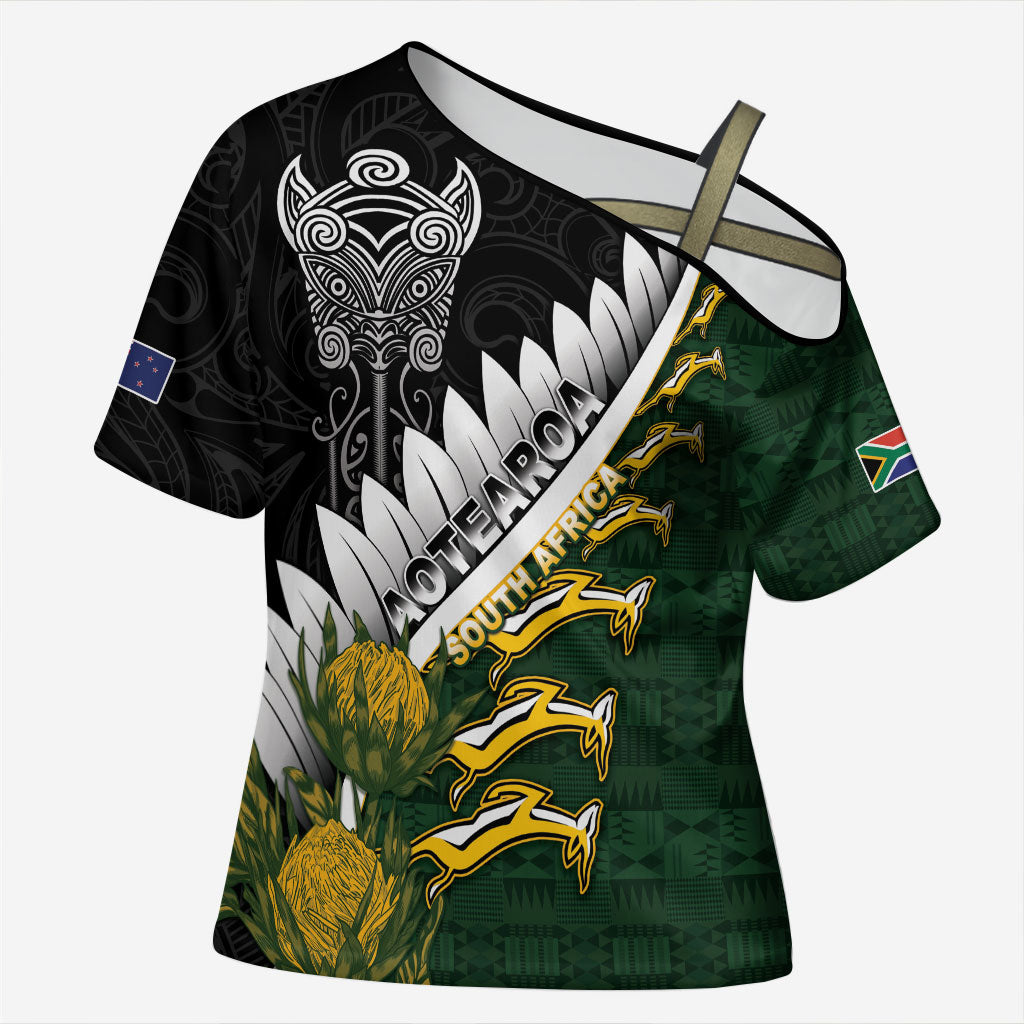 Custom Rugby New Zealand And South Africa Cross Shoulder Shirt Silver Fern With Springboks LT05 Female Black - Polynesian Pride