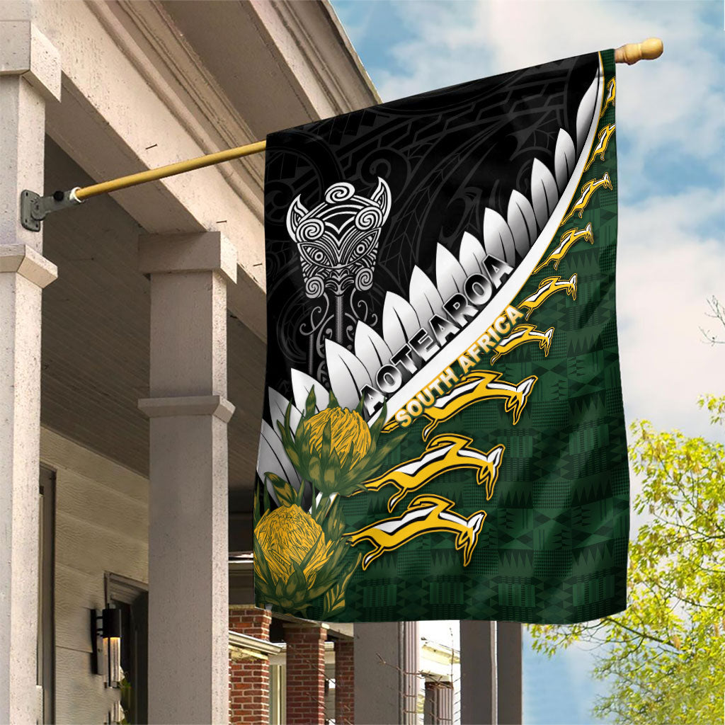 Rugby New Zealand And South Africa Garden Flag Silver Fern With Springboks LT05 House Flag Black - Polynesian Pride