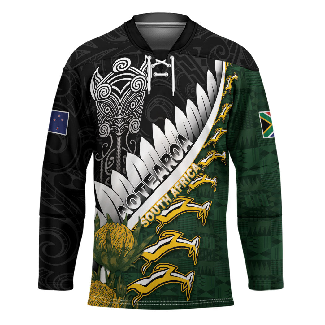 Custom Rugby New Zealand And South Africa Hockey Jersey Silver Fern With Springboks LT05 Unisex Black - Polynesian Pride