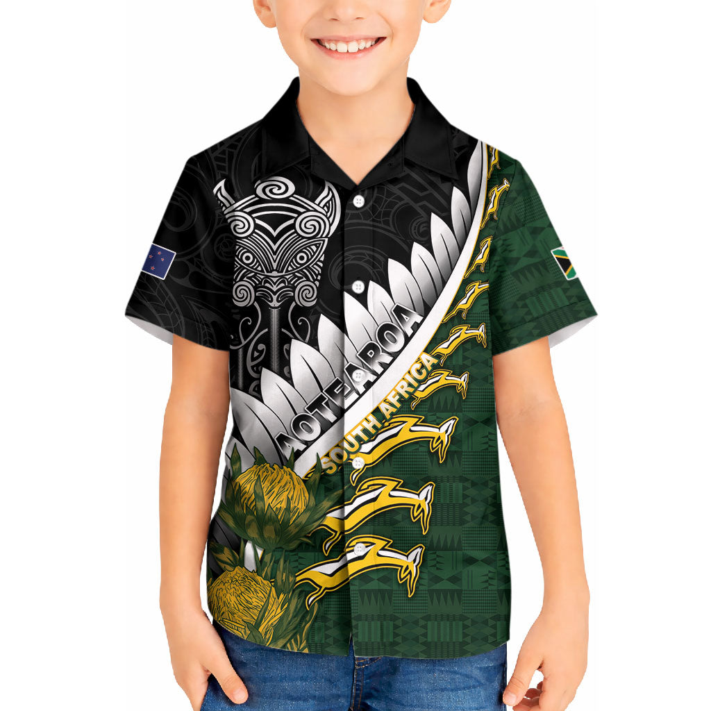 Custom Rugby New Zealand And South Africa Kid Hawaiian Shirt Silver Fern With Springboks LT05 Kid Black - Polynesian Pride