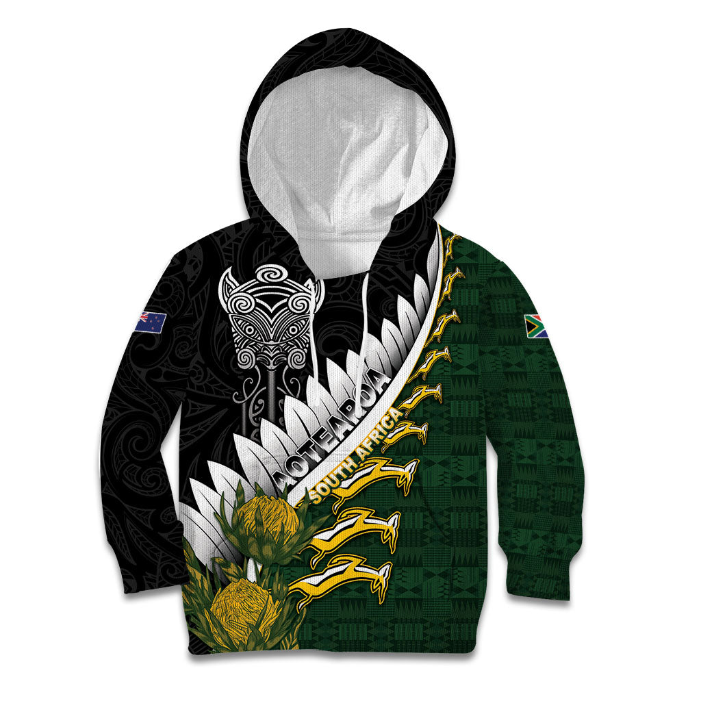 Custom Rugby New Zealand And South Africa Kid Hoodie Silver Fern With Springboks LT05 Hoodie Black - Polynesian Pride