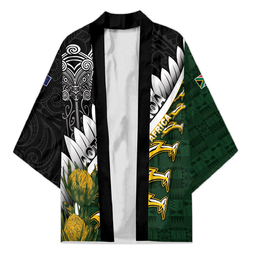 Custom Rugby New Zealand And South Africa Kimono Silver Fern With Springboks LT05 Unisex Black - Polynesian Pride