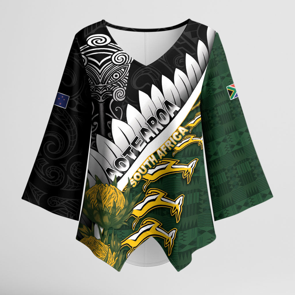 Custom Rugby New Zealand And South Africa Kimono Sleeve Blouse Silver Fern With Springboks LT05 Female Black - Polynesian Pride