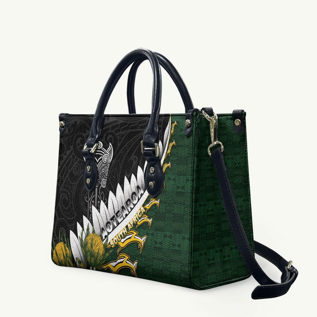 Rugby New Zealand And South Africa Leather Bag Silver Fern With Springboks