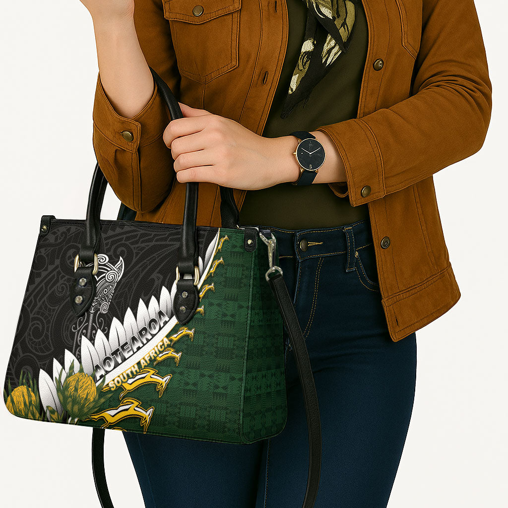 Rugby New Zealand And South Africa Leather Bag Silver Fern With Springboks