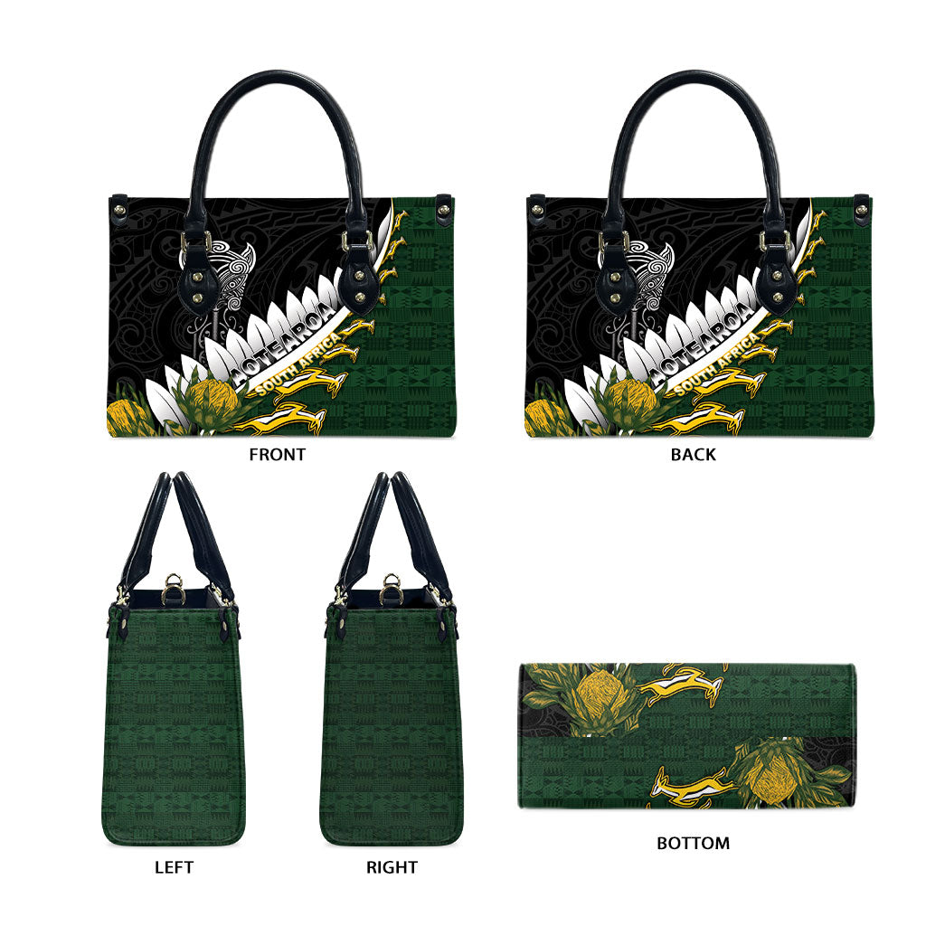 Rugby New Zealand And South Africa Leather Bag Silver Fern With Springboks