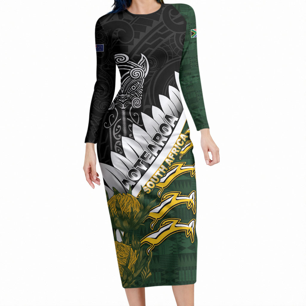 Custom Rugby New Zealand And South Africa Long Sleeve Bodycon Dress Silver Fern With Springboks LT05 Long Dress Black - Polynesian Pride