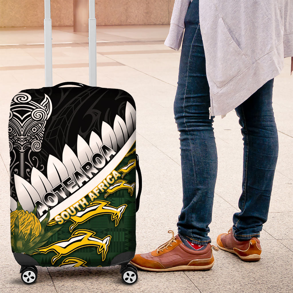 Rugby New Zealand And South Africa Luggage Cover Silver Fern With Springboks LT05 Black - Polynesian Pride