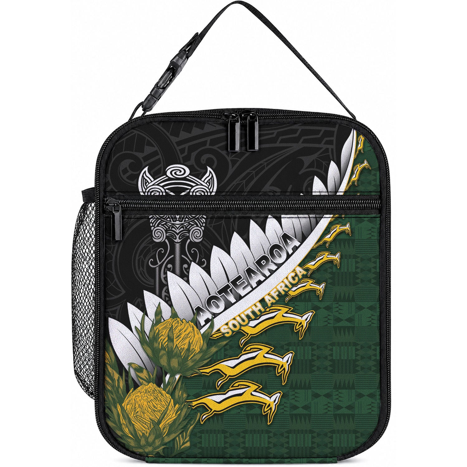 Rugby New Zealand And South Africa Lunch Bag Silver Fern With Springboks LT05 10.2 × 8.3 × 4.3 inch Black - Polynesian Pride