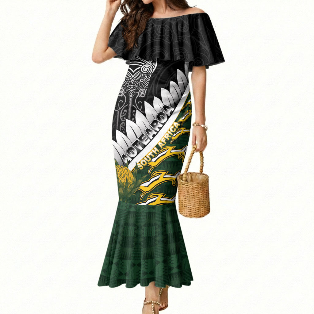 Custom Rugby New Zealand And South Africa Mermaid Dress Silver Fern With Springboks