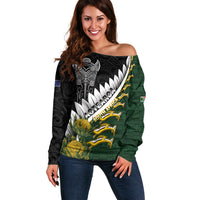 Custom Rugby New Zealand And South Africa Off Shoulder Sweater Silver Fern With Springboks LT05 Women Black - Polynesian Pride