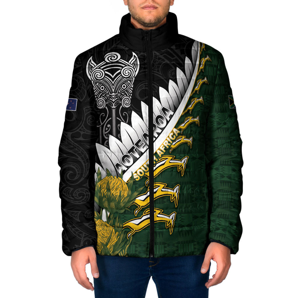 Custom Rugby New Zealand And South Africa Padded Jacket Silver Fern With Springboks LT05 Men Black - Polynesian Pride