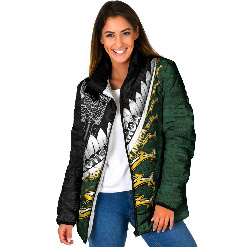 Custom Rugby New Zealand And South Africa Padded Jacket Silver Fern With Springboks LT05 Women Black - Polynesian Pride