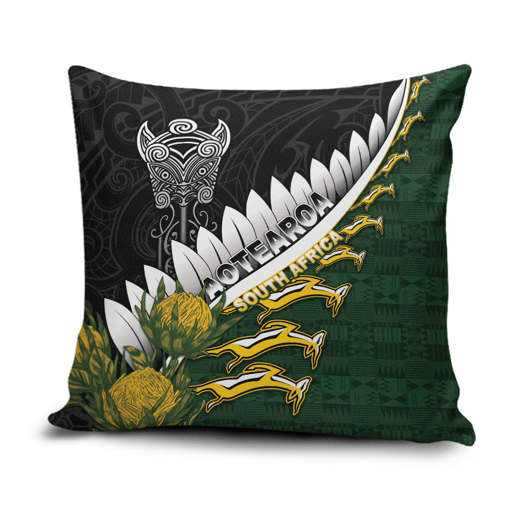 Rugby New Zealand And South Africa Pillow Cover Silver Fern With Springboks LT05 Black - Polynesian Pride