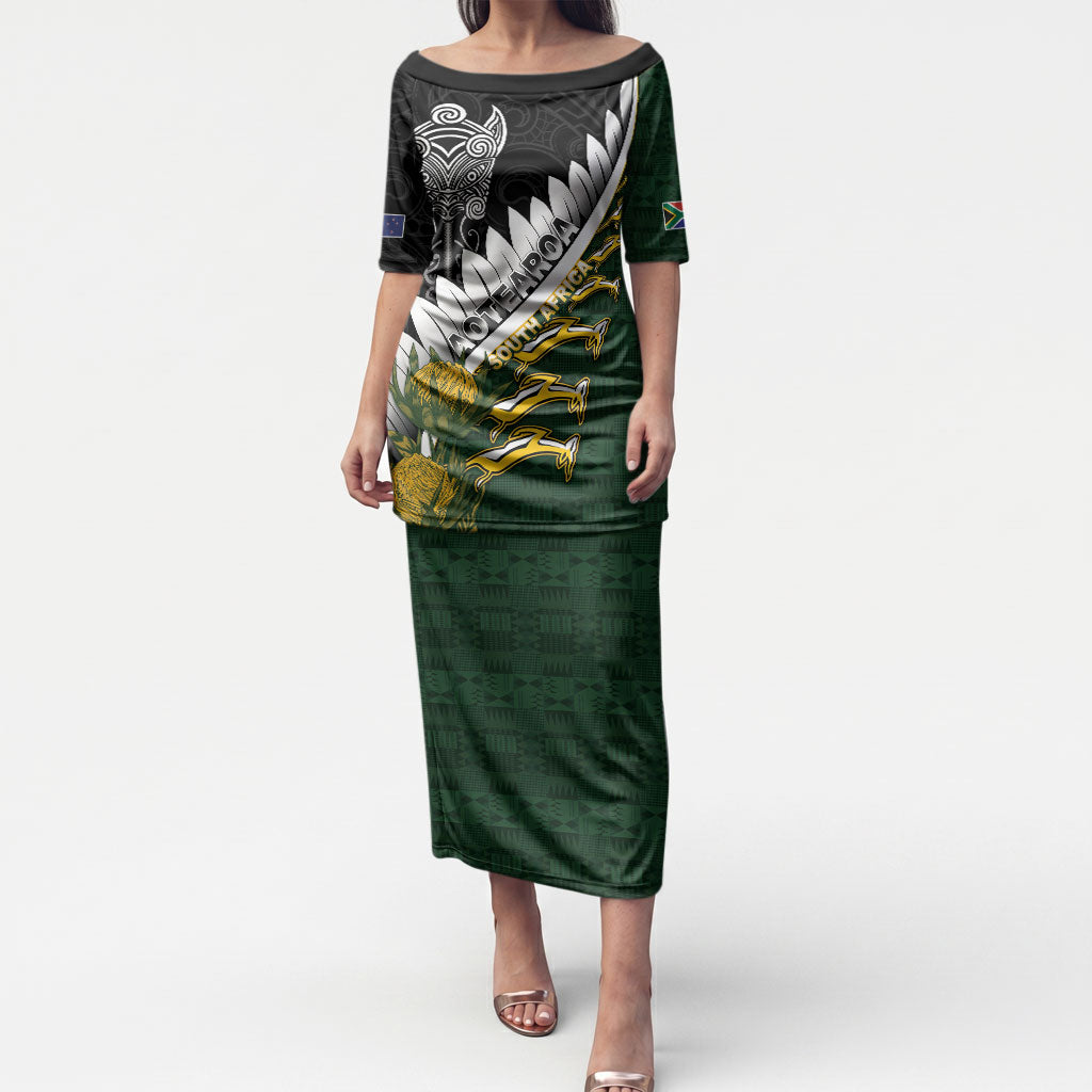 Custom Rugby New Zealand And South Africa Puletasi Silver Fern With Springboks LT05 Long Dress Black - Polynesian Pride