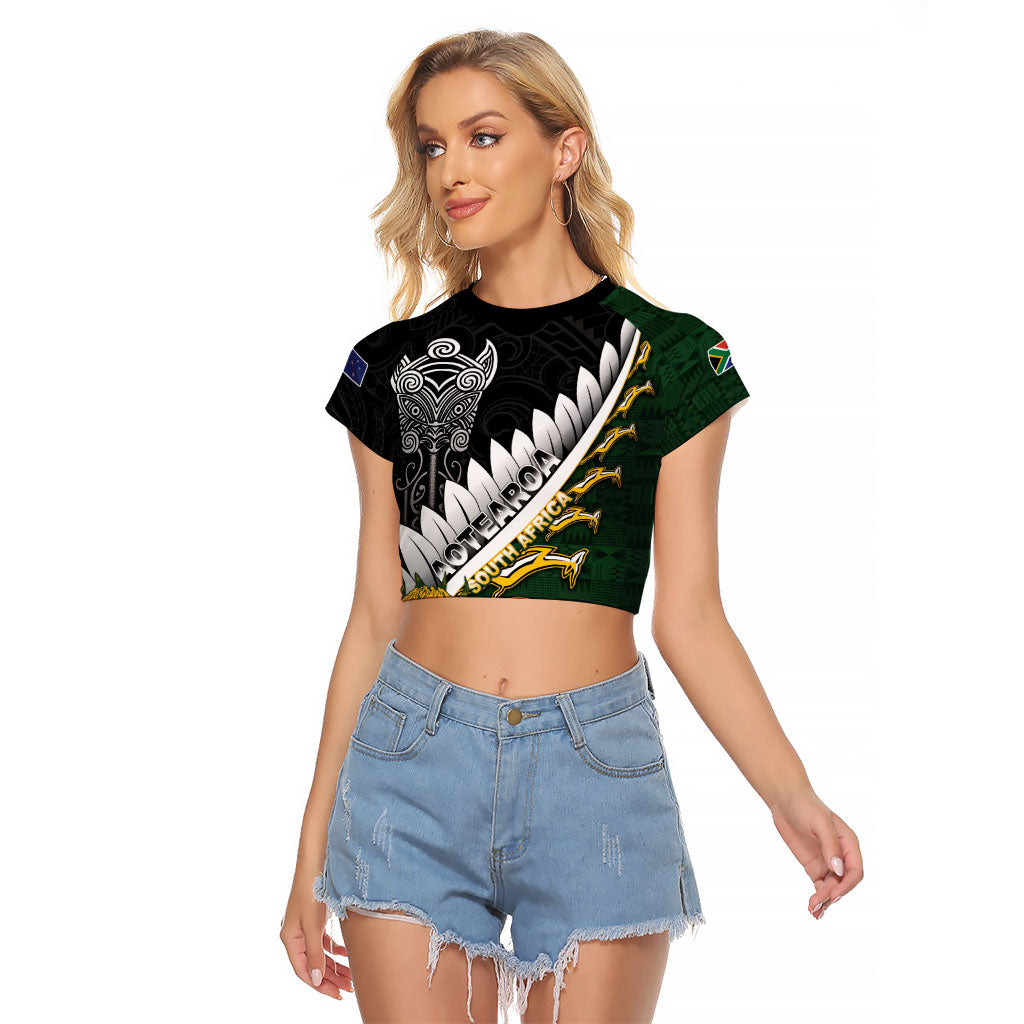 Custom Rugby New Zealand And South Africa Raglan Cropped T Shirt Silver Fern With Springboks LT05 Female Black - Polynesian Pride