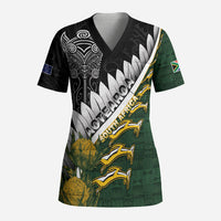 Custom Rugby New Zealand And South Africa Scrub Top Silver Fern With Springboks LT05 Adult Black - Polynesian Pride
