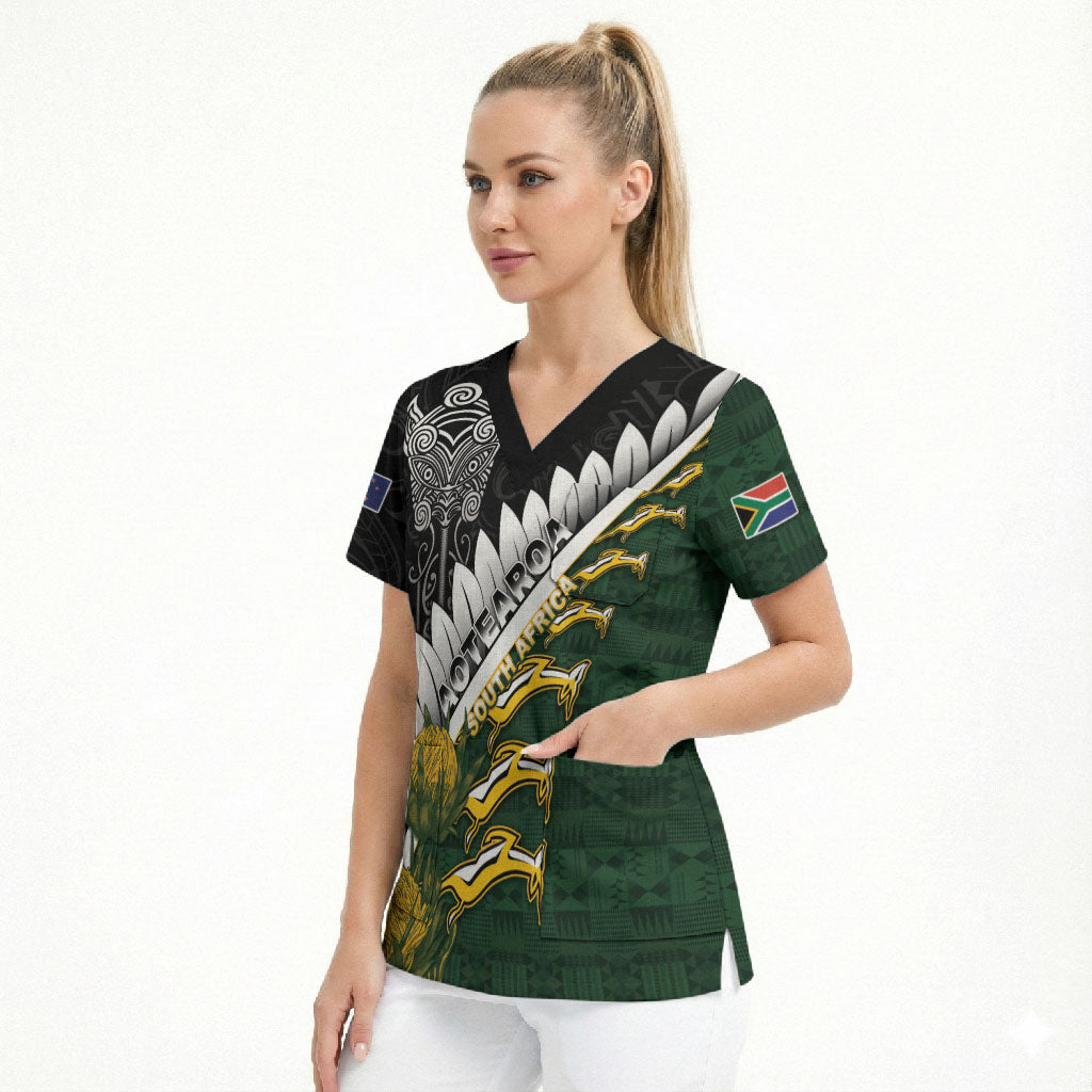 Custom Rugby New Zealand And South Africa Scrub Top Silver Fern With Springboks LT05 - Polynesian Pride