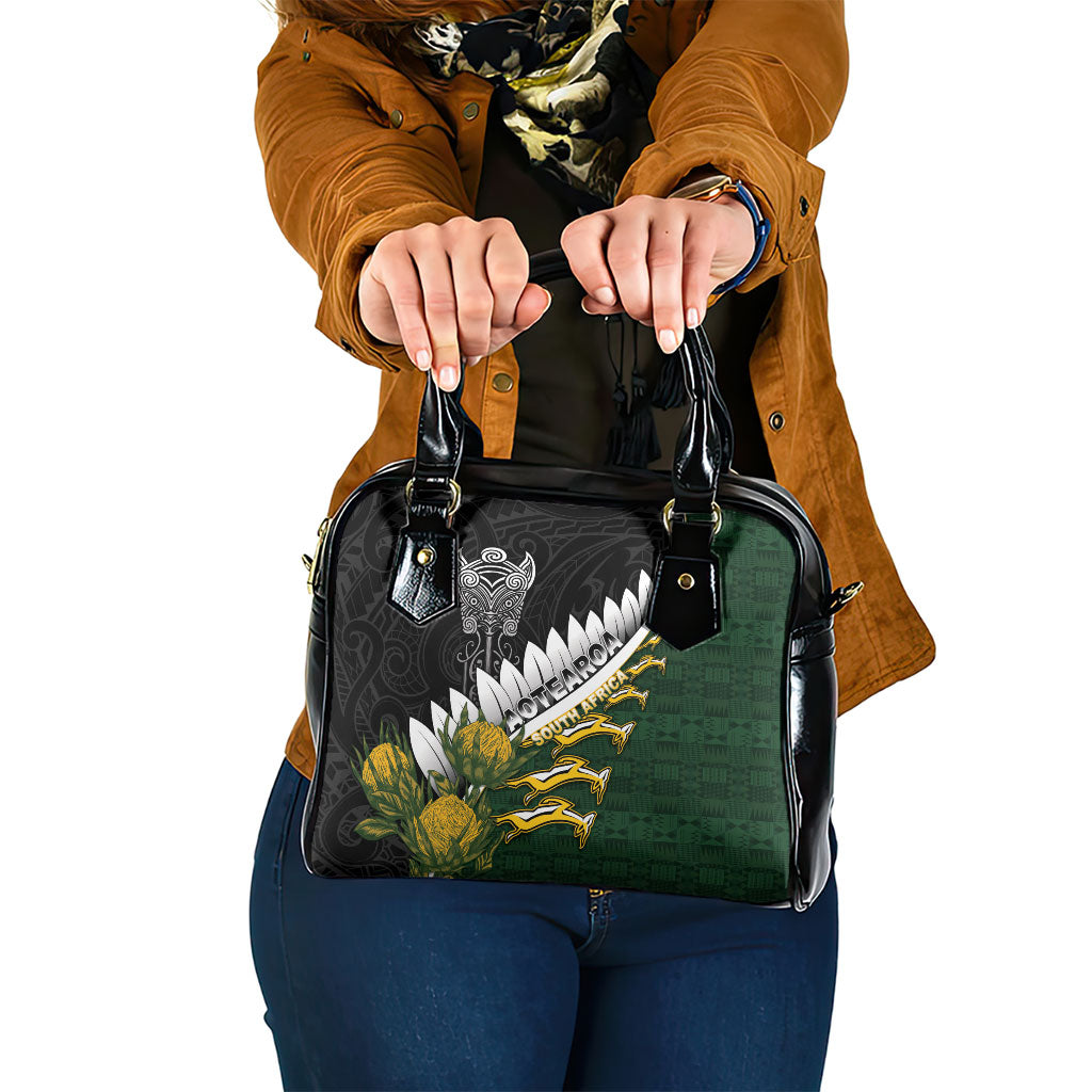 Rugby New Zealand And South Africa Shoulder Handbag Silver Fern With Springboks LT05 One Size Black - Polynesian Pride