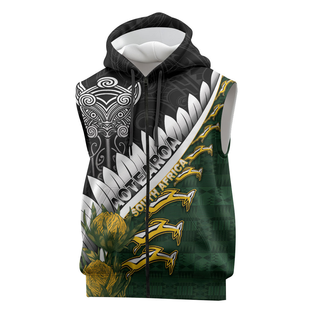 Custom Rugby New Zealand And South Africa Sleeveless Zip Hoodie Silver Fern With Springboks LT05 Black - Polynesian Pride
