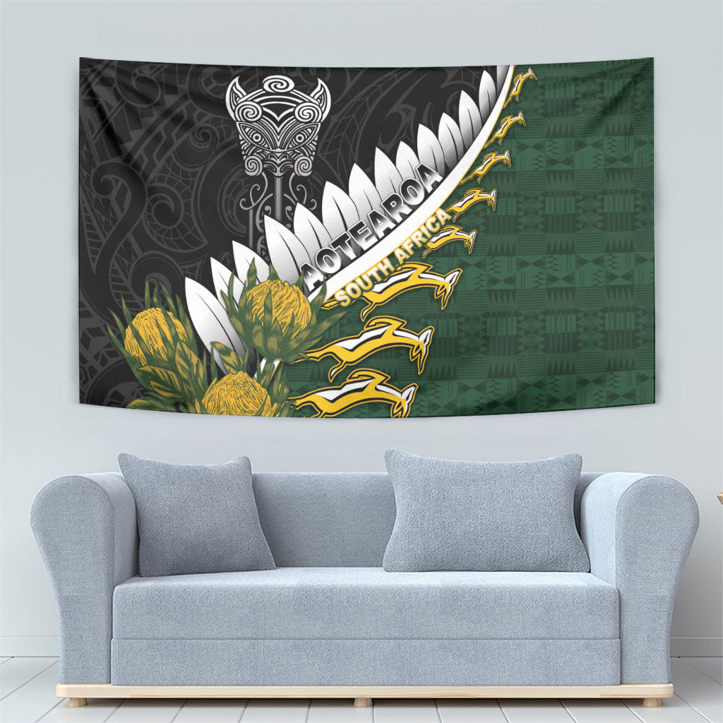 Rugby New Zealand And South Africa Tapestry Silver Fern With Springboks LT05 - Polynesian Pride