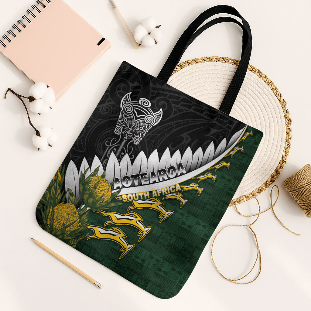 Rugby New Zealand And South Africa Tote Bag Silver Fern With Springboks LT05 Black Strap One Size Black - Polynesian Pride