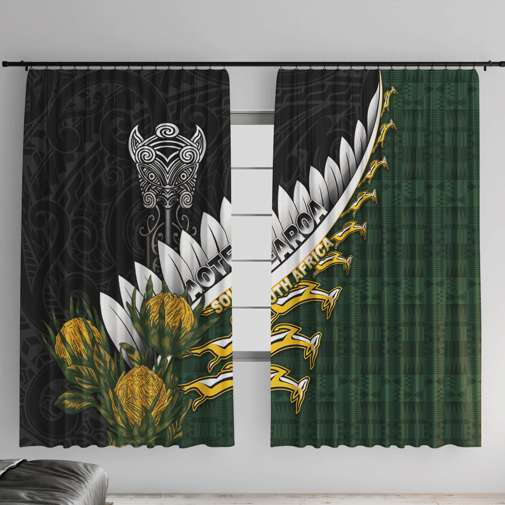 Rugby New Zealand And South Africa Window Curtain Silver Fern With Springboks LT05 With Hooks Black - Polynesian Pride