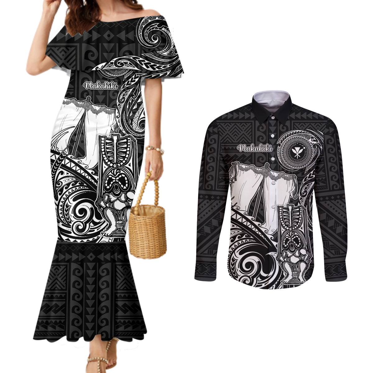 Personalized Hawaii Makahiki Season Couples Matching Mermaid Dress and Long Sleeve Button Shirts Akua Loa Polynesian Pattern LT05 Black - Polynesian Pride