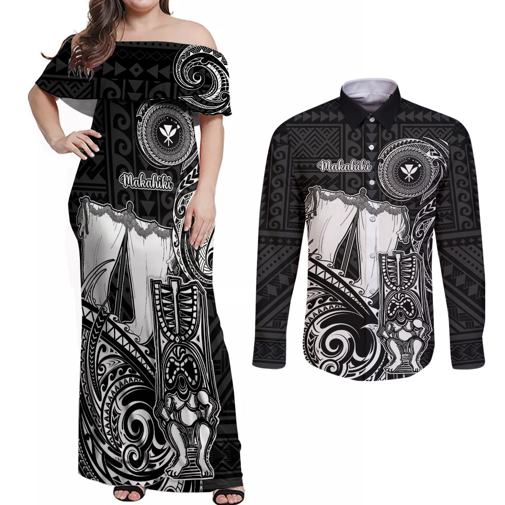 Personalized Hawaii Makahiki Season Couples Matching Off Shoulder Maxi Dress and Long Sleeve Button Shirts Akua Loa Polynesian Pattern LT05 Black - Polynesian Pride