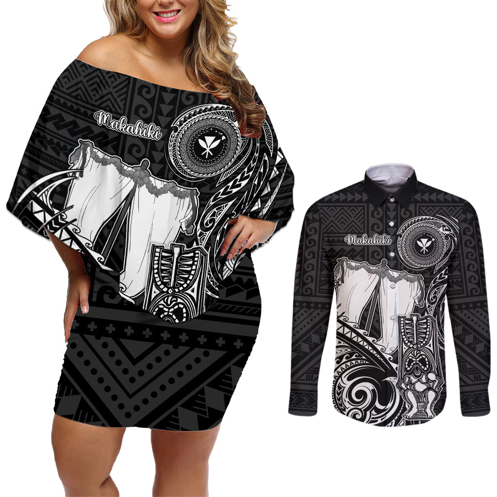 Personalized Hawaii Makahiki Season Couples Matching Off Shoulder Short Dress and Long Sleeve Button Shirts Akua Loa Polynesian Pattern LT05 Black - Polynesian Pride