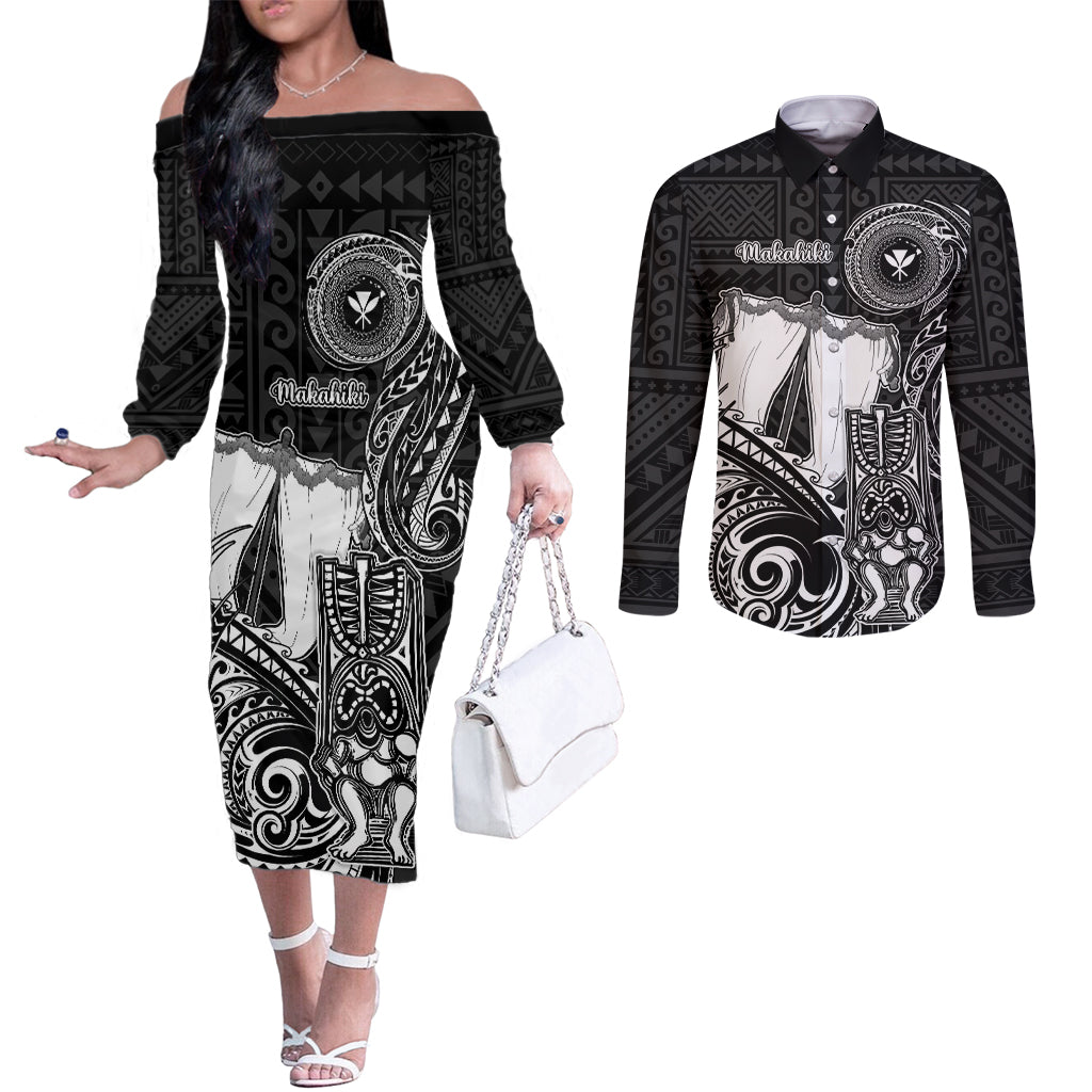 Personalized Hawaii Makahiki Season Couples Matching Off The Shoulder Long Sleeve Dress and Long Sleeve Button Shirts Akua Loa Polynesian Pattern LT05 Black - Polynesian Pride