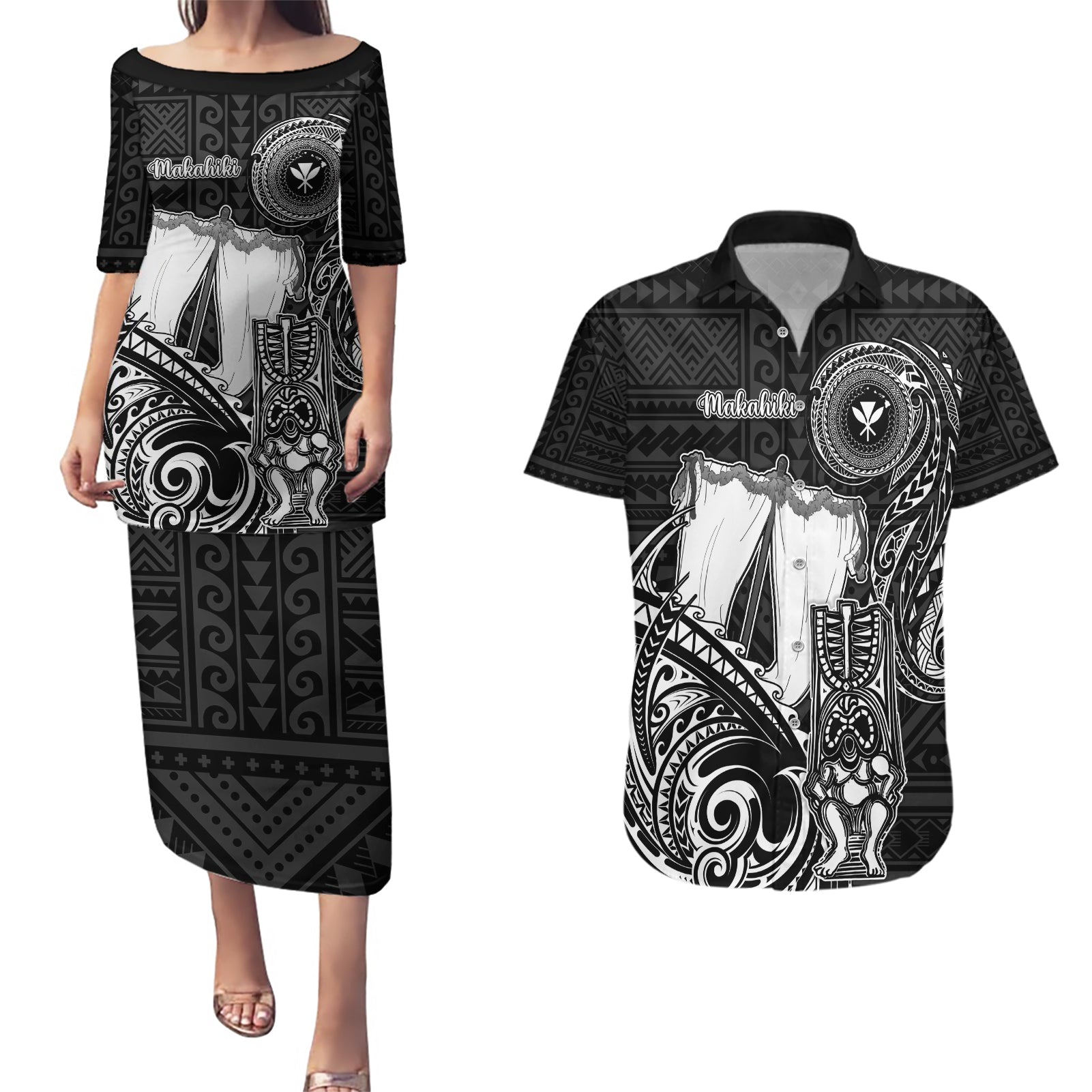 Personalized Hawaii Makahiki Season Couples Matching Puletasi Dress and Hawaiian Shirt Akua Loa Polynesian Pattern LT05 Black - Polynesian Pride