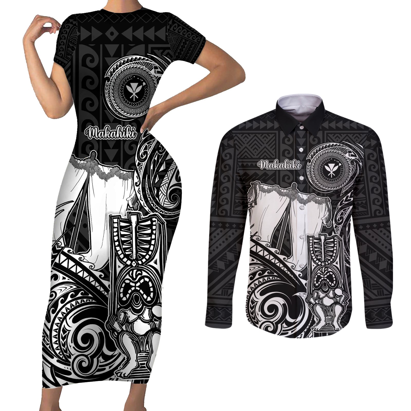 Personalized Hawaii Makahiki Season Couples Matching Short Sleeve Bodycon Dress and Long Sleeve Button Shirts Akua Loa Polynesian Pattern LT05 Black - Polynesian Pride