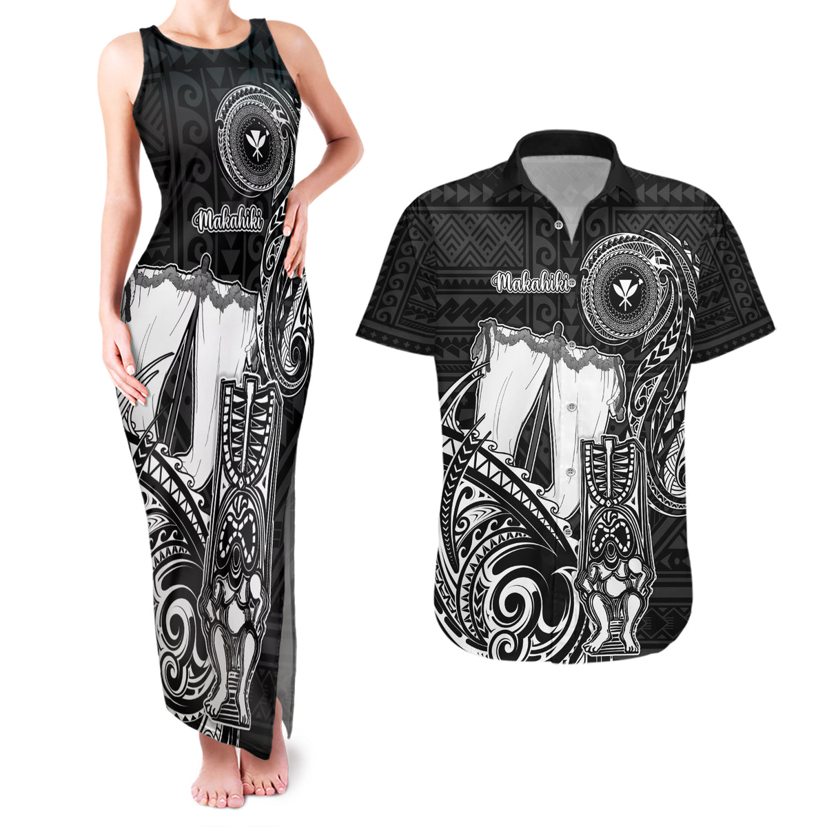 Personalized Hawaii Makahiki Season Couples Matching Tank Maxi Dress and Hawaiian Shirt Akua Loa Polynesian Pattern LT05 Black - Polynesian Pride