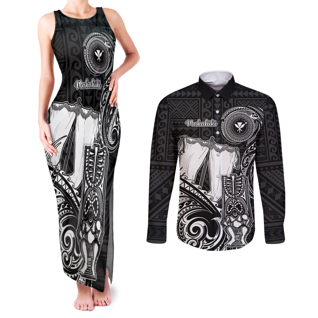 Personalized Hawaii Makahiki Season Couples Matching Tank Maxi Dress and Long Sleeve Button Shirts Akua Loa Polynesian Pattern LT05 Black - Polynesian Pride