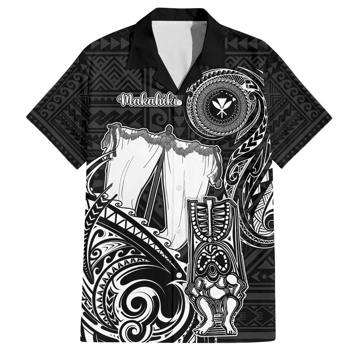 Personalized Hawaii Makahiki Season Family Matching Off Shoulder Long Sleeve Dress and Hawaiian Shirt Akua Loa Polynesian Pattern LT05 Dad's Shirt - Short Sleeve Black - Polynesian Pride