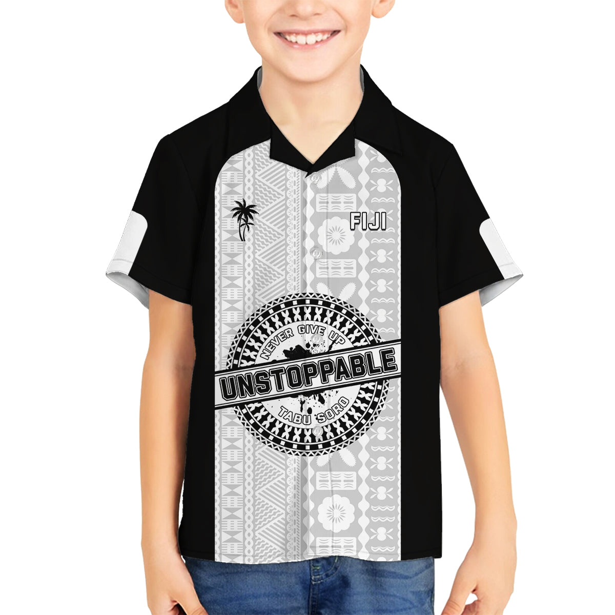 Personalized Fiji Obstacle Race 2023 Family Matching Off Shoulder Short Dress and Hawaiian Shirt Never Give Up LT05 Son's Shirt Black - Polynesian Pride