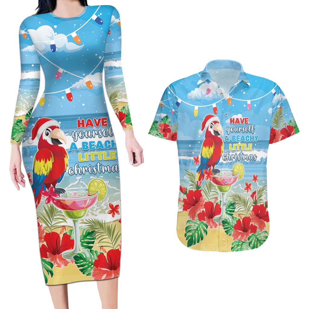 Hawaii Christmas Couples Matching Long Sleeve Bodycon Dress and Hawaiian Shirt Funny Macaw Parrot Tropical Vibe LT05 Blue - Polynesian Pride