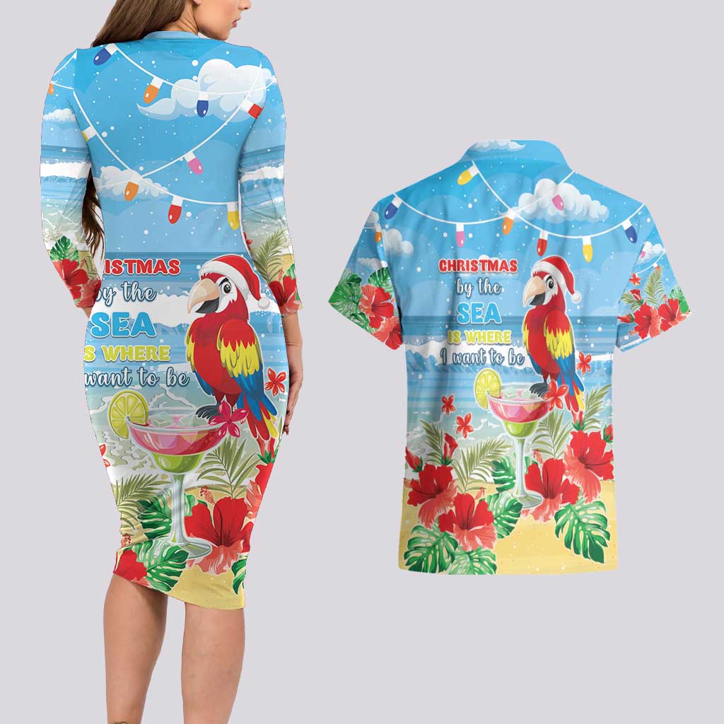 Hawaii Christmas Couples Matching Long Sleeve Bodycon Dress and Hawaiian Shirt Funny Macaw Parrot Tropical Vibe LT05 - Polynesian Pride