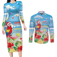 Hawaii Christmas Couples Matching Long Sleeve Bodycon Dress and Long Sleeve Button Shirt Funny Macaw Parrot Tropical Vibe