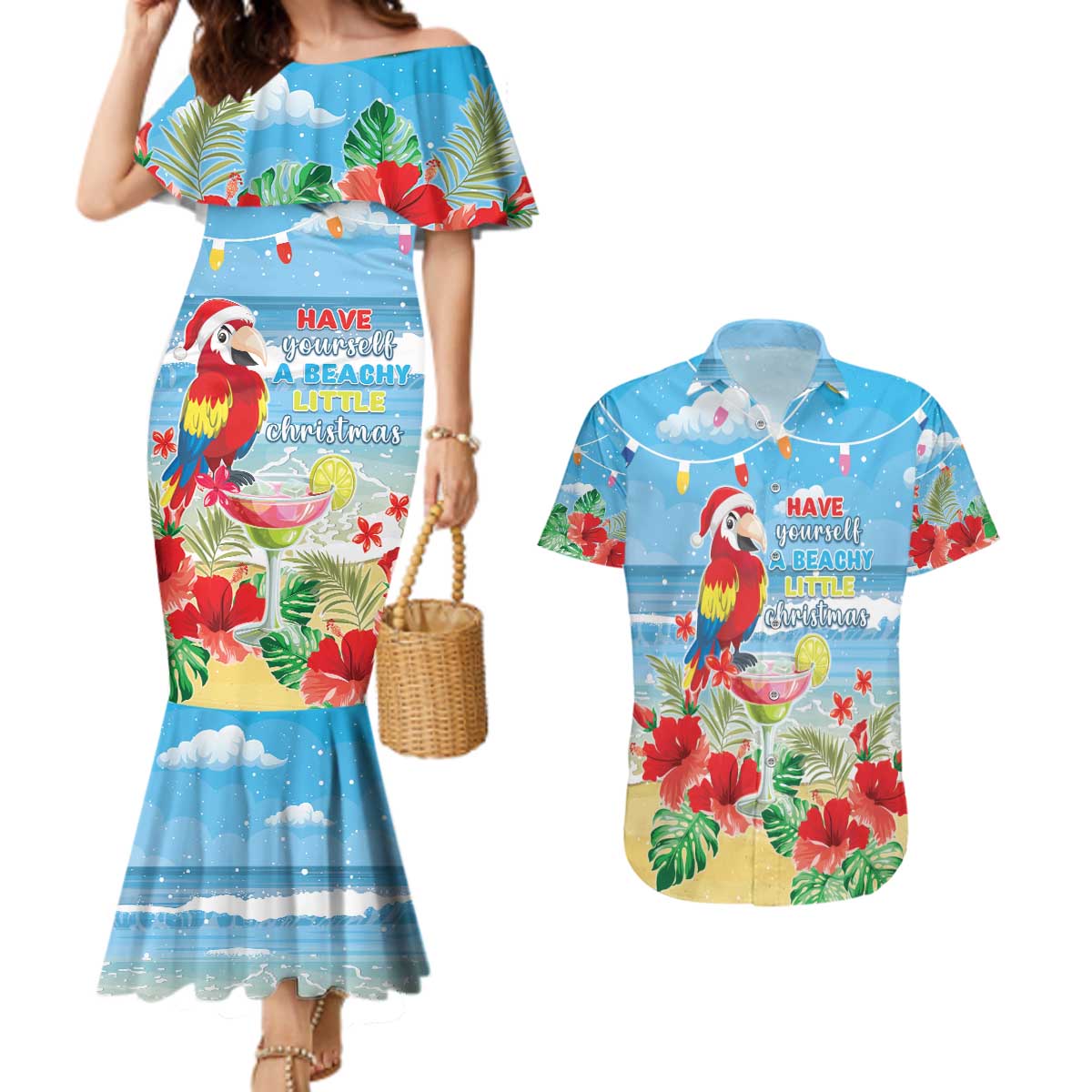 Hawaii Christmas Couples Matching Mermaid Dress and Hawaiian Shirt Funny Macaw Parrot Tropical Vibe LT05 Blue - Polynesian Pride
