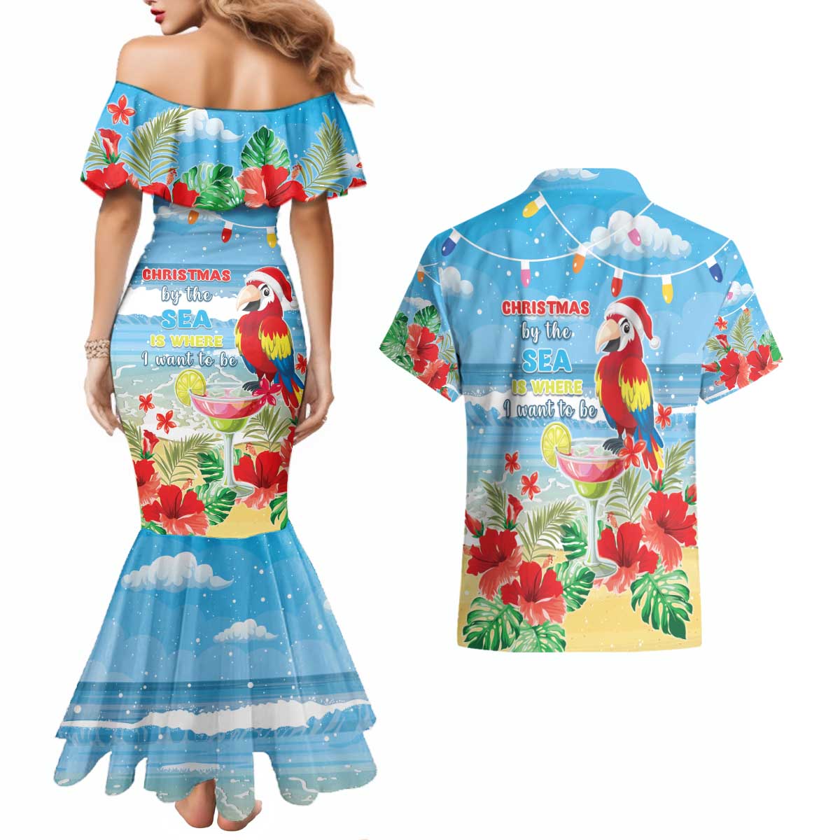 Hawaii Christmas Couples Matching Mermaid Dress and Hawaiian Shirt Funny Macaw Parrot Tropical Vibe LT05 - Polynesian Pride