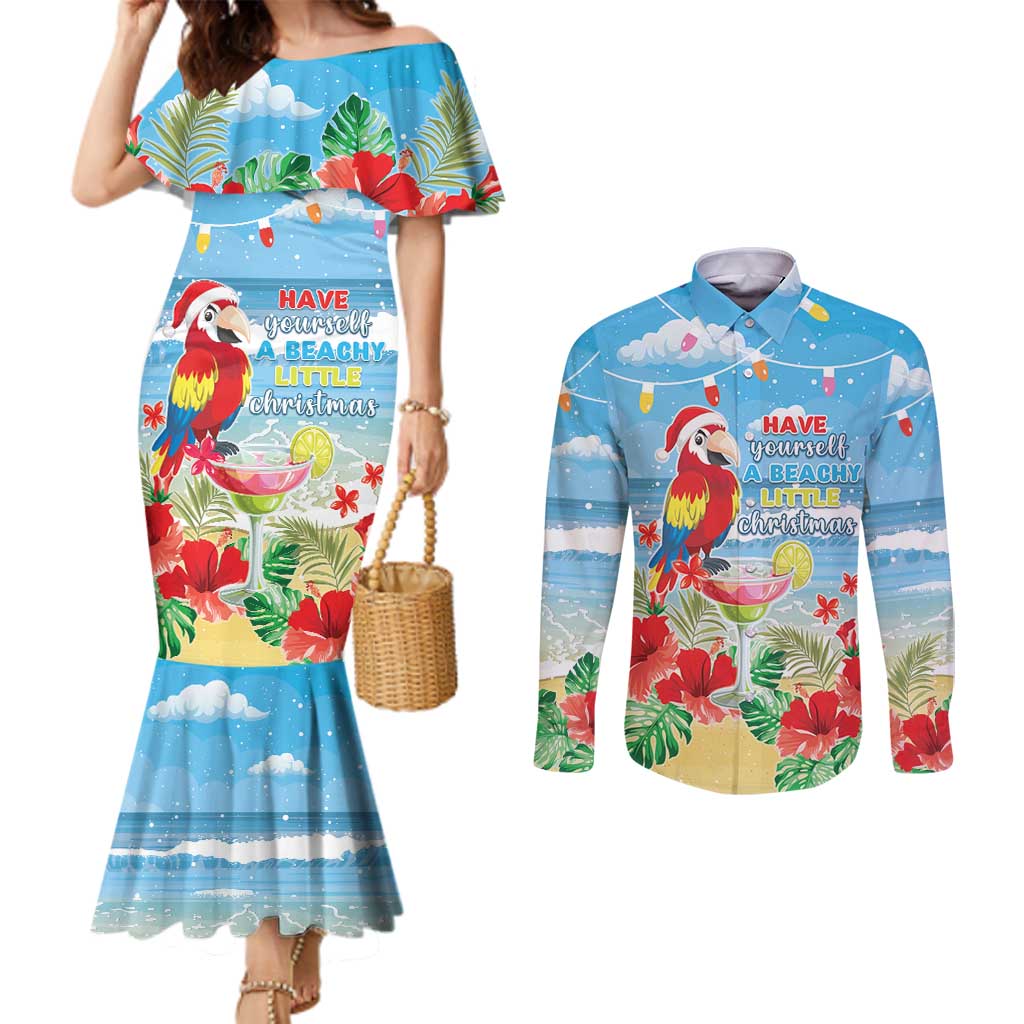 Hawaii Christmas Couples Matching Mermaid Dress and Long Sleeve Button Shirt Funny Macaw Parrot Tropical Vibe